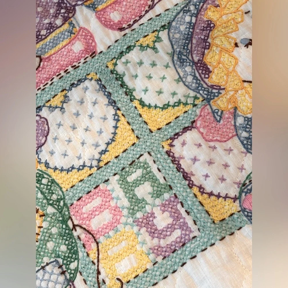 Vintage Clown Cross Stitched Baby Quilt. Blanket| Sweet Dreams |Pastel 39.5x28.5